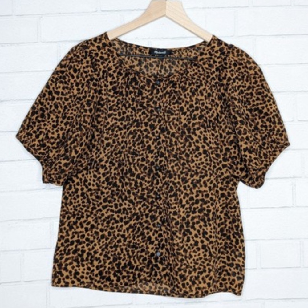 Madewell Women Leopard Print Balloon Sleeve Button Front Top Size Small